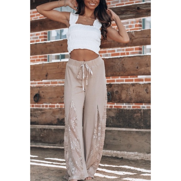 POL Mocha Latte Stretch Knit Lace Panel Wide Leg Pants - Picture 11 of 14